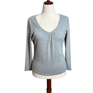 Talbots top gray long sleeve subtle beading at v neck 100% cotton popover Sz LP